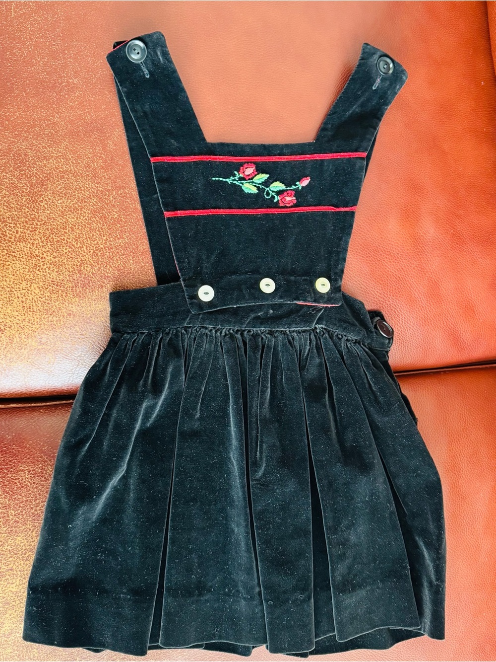 Black Velvet Floral-Embroidered Pinafore Overalls for Kids